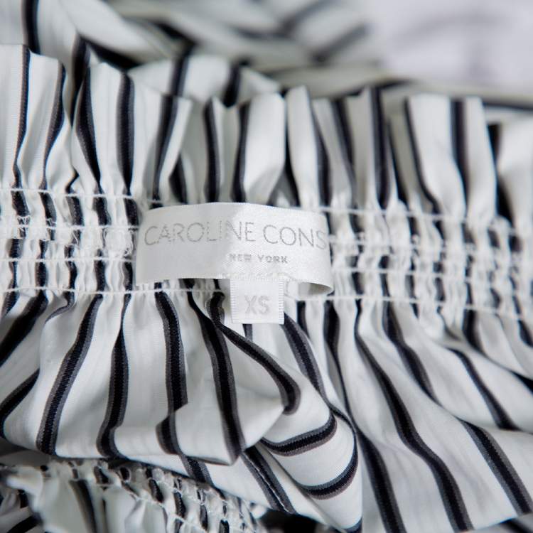 Pre Owned Caroline Constas White Striped Cotton Off Shoulder Ruffled Crop Top XS
