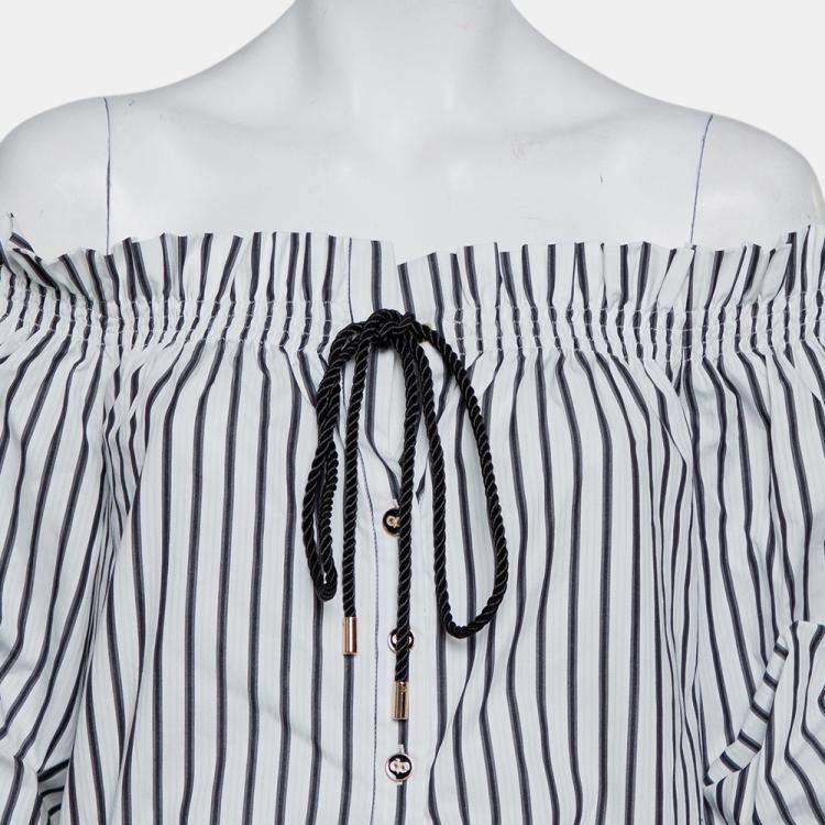 Pre Owned Caroline Constas White Striped Cotton Off Shoulder Ruffled Crop Top XS
