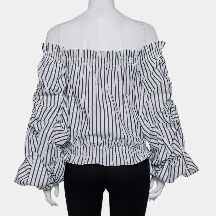 Pre Owned Caroline Constas White Striped Cotton Off Shoulder Ruffled Crop Top XS