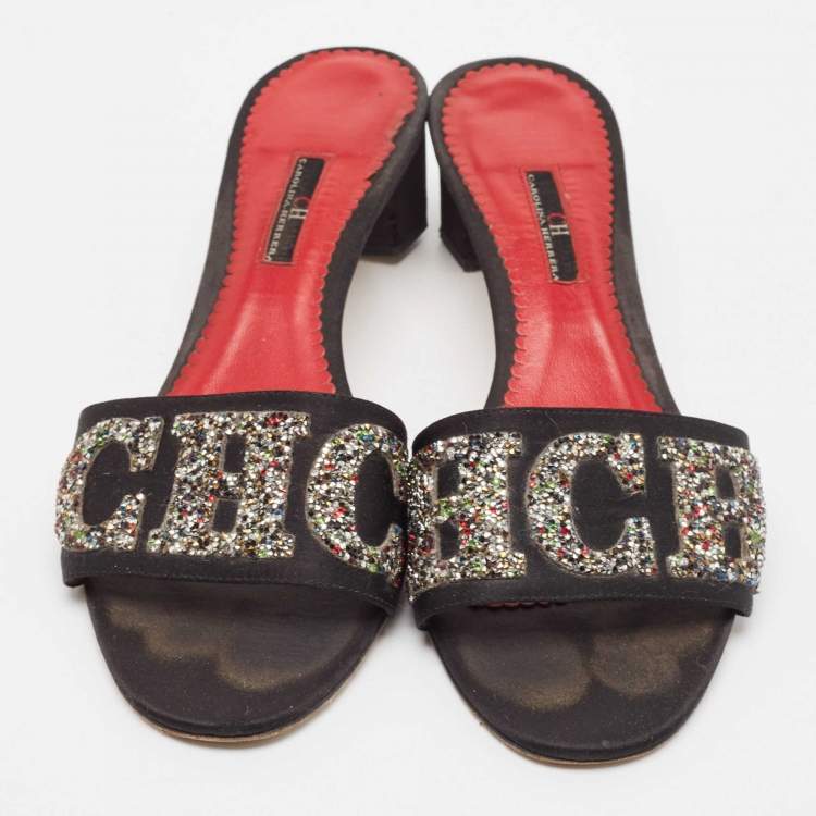 Pre Owned CH Carolina Herrera Black Satin and Glitter Slide Sandals Size 41