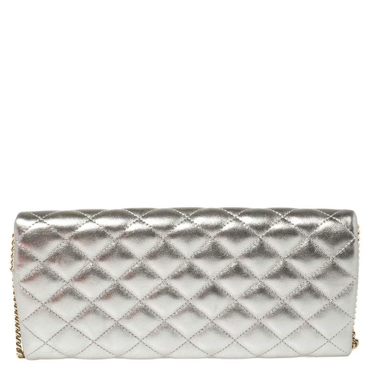 Pre Owned Carolina Herrera Metallic Silver Quilted Leather Chain Clutch