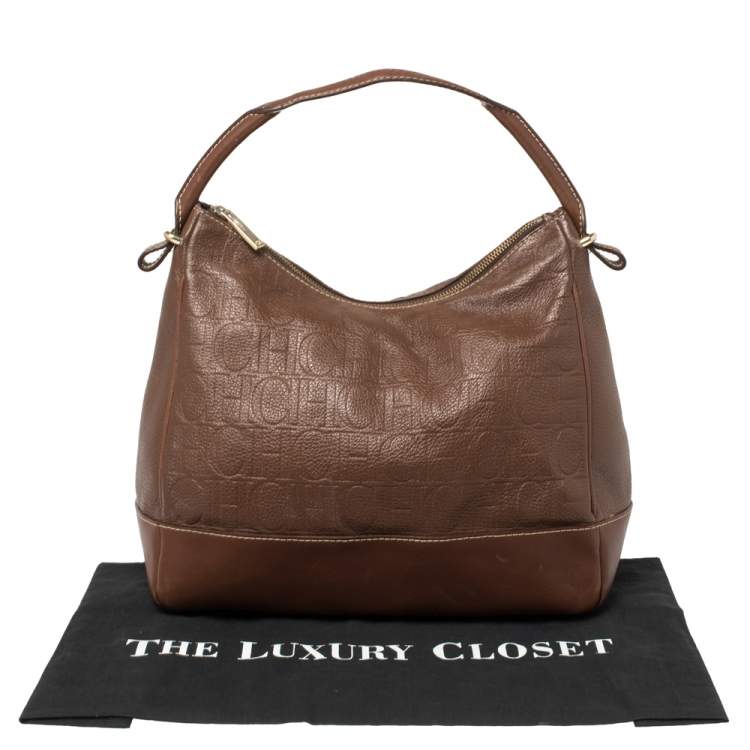 Pre Owned Carolina Herrera Brown Monogram Embossed Leather Hobo