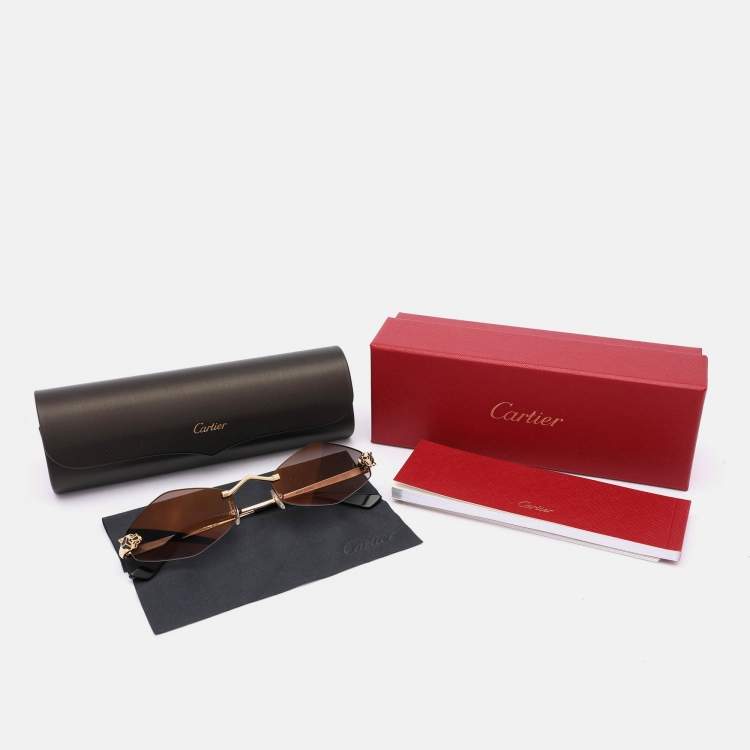 Pre Owned Cartier Gold Tone/Black CT0433S Panther Rimless Sunglass