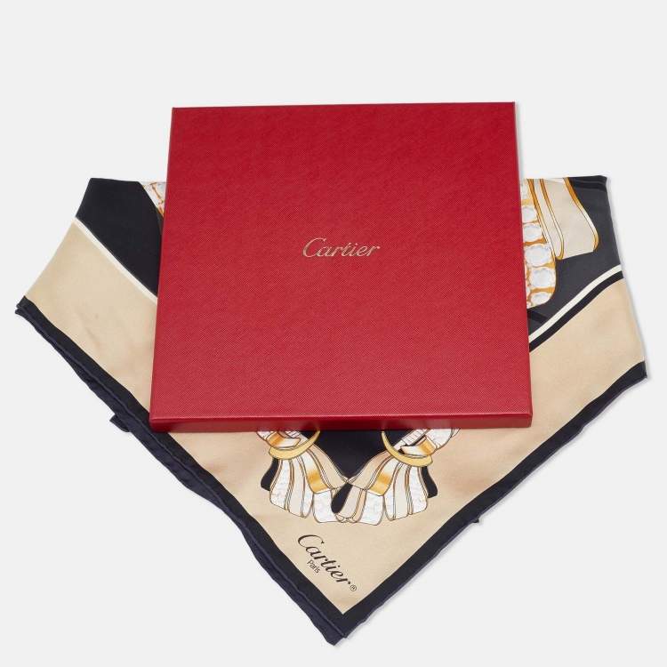 Pre Owned Cartier Beige & Black Printed Silk Square Scarf 