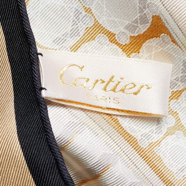 Pre Owned Cartier Beige & Black Printed Silk Square Scarf 