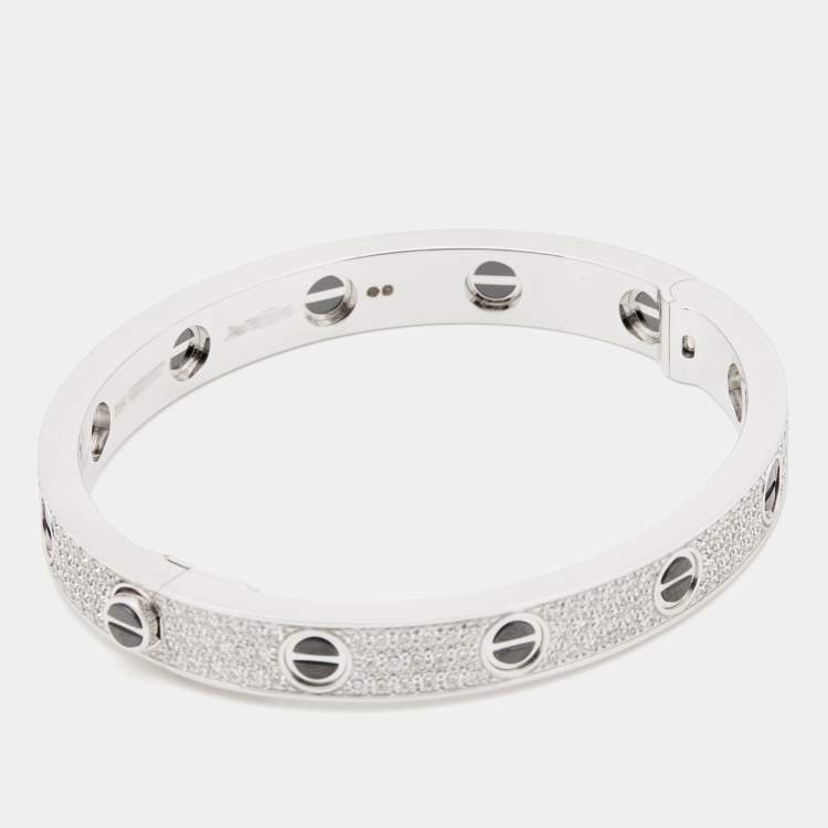 Pre Owned Cartier Love Diamond Paved Ceramic 18k White Gold Bangle Bracelet 16