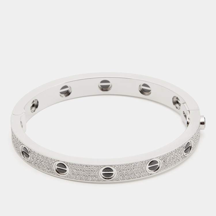 Pre Owned Cartier Love Diamond Paved Ceramic 18k White Gold Bangle Bracelet 16