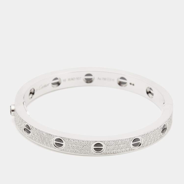 Pre Owned Cartier Love Diamond Paved Ceramic 18k White Gold Bangle Bracelet 16