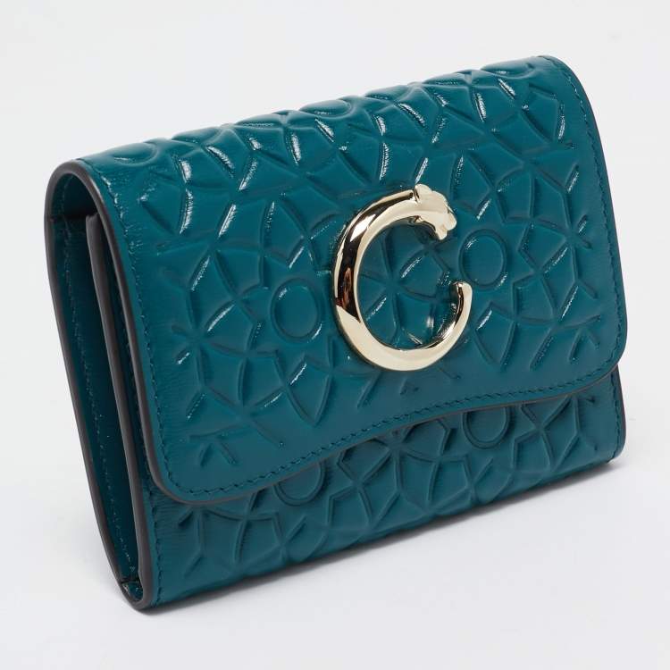 Pre Owned Cartier Teal Green Embossed Leather Panthere De Cartier Card Case