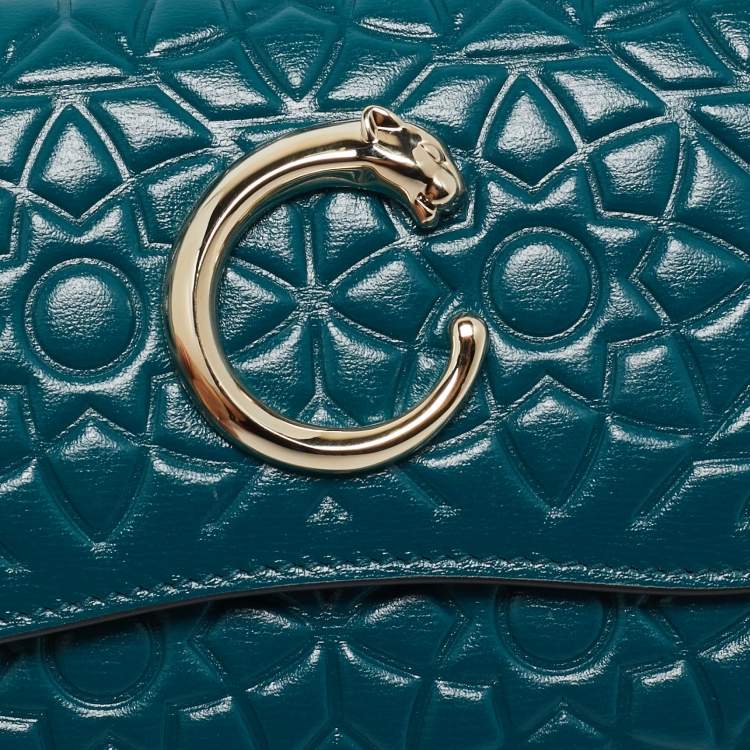 Pre Owned Cartier Teal Green Embossed Leather Panthere De Cartier Card Case