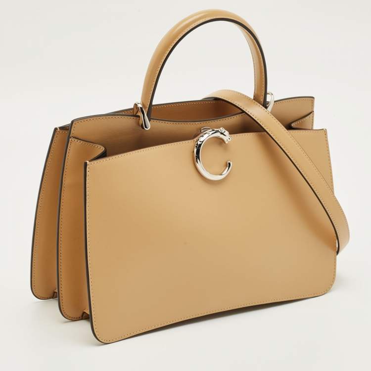 Pre Owned Cartier Camel Leather Small Panthere C De Cartier Top Handle Bag