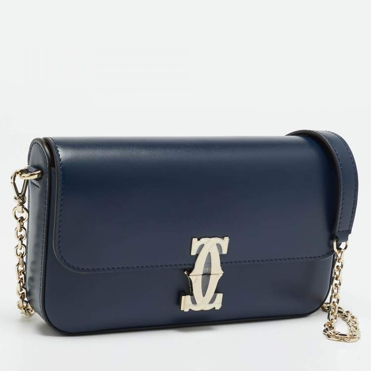 Pre Owned Cartier C De Cartier Mini Navy Blue Leather Shoulder Bag