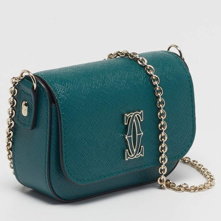 Pre Owned Cartier C De Cartier Mini Green Leather Chain Clutch