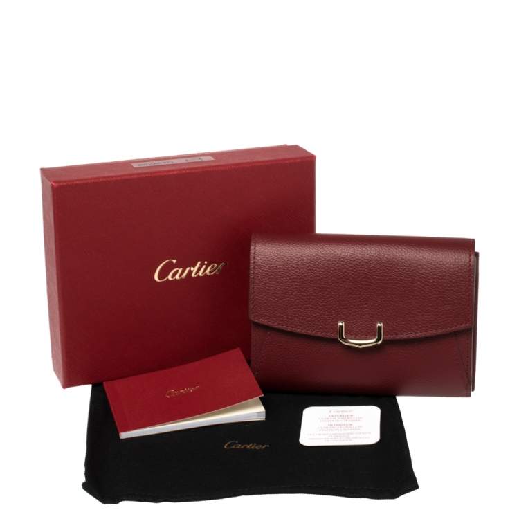 Pre Owned Cartier Dark Red Leather C De Cartier Compact Wallet
