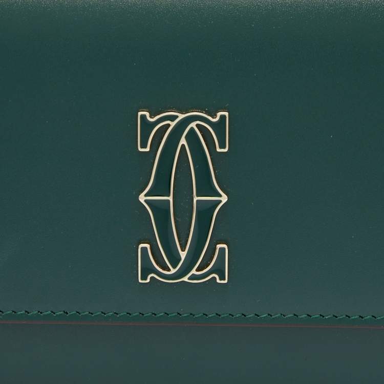 Pre Owned Cartier Green Leather Double C de Cartier Flap International Continental Wallet