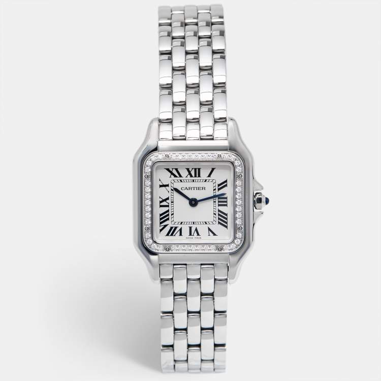 مملوكة مسبقًا Cartier Silver Stainless Steel Diamond Panthere De Cartier W4PN0008 Women's Wristwatch 29 mm
