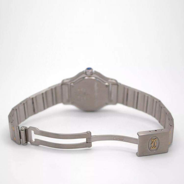 Pre Owned Cartier Customised Silver 0.50CT Diamond 18K Yellow Gold Santos Octagon 187903 Quartz Women's Wristwatch 25mm