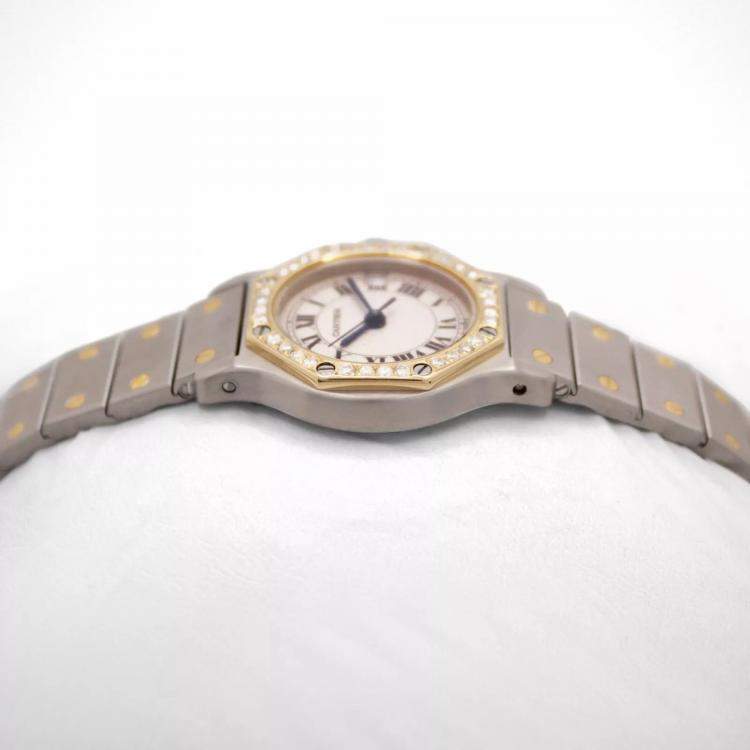 Pre Owned Cartier Customised Silver 0.50CT Diamond 18K Yellow Gold Santos Octagon 187903 Quartz Women's Wristwatch 25mm