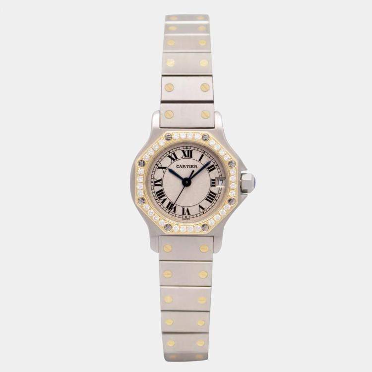 Pre Owned Cartier Customised Silver 0.50CT Diamond 18K Yellow Gold Santos Octagon 187903 Quartz Women's Wristwatch 25mm
