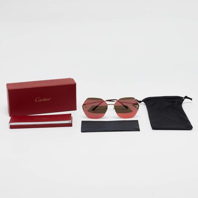 Pre Owned Cartier Gold Mirrored CT0332S Panthere Geometric Sunglasses