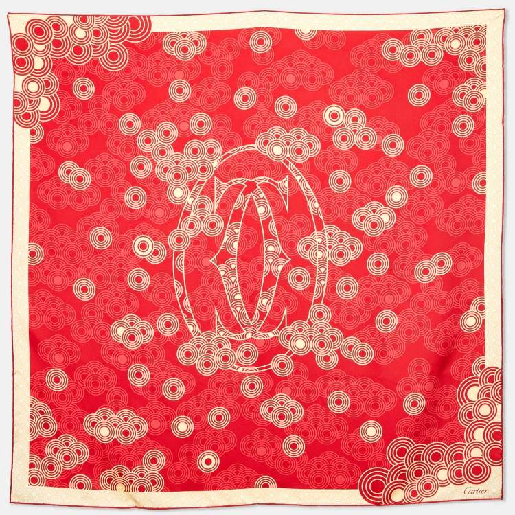 Pre Owned Cartier Red/Yellow Circle Print Silk Square Scarf