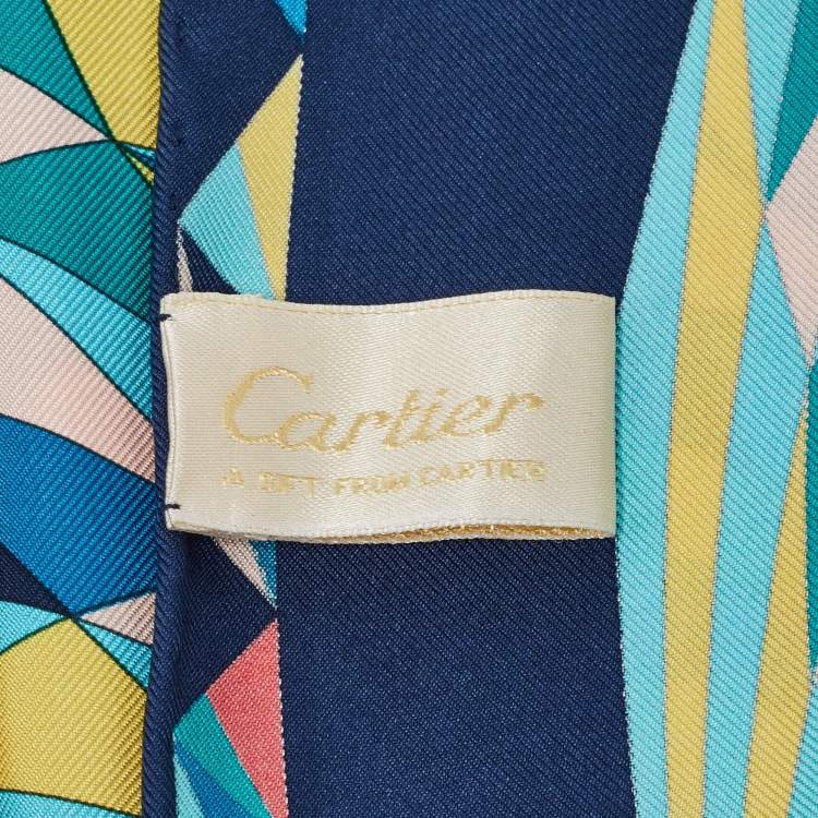 Pre Owned Cartier Blue Geometric Print Silk Square Scarf 