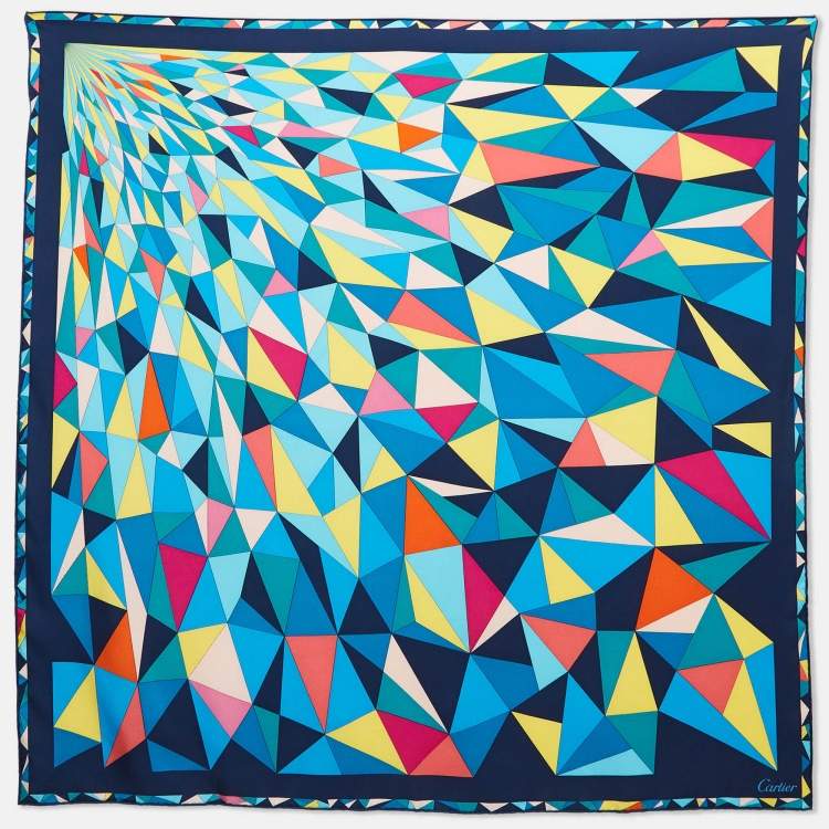 Pre Owned Cartier Blue Geometric Print Silk Square Scarf 