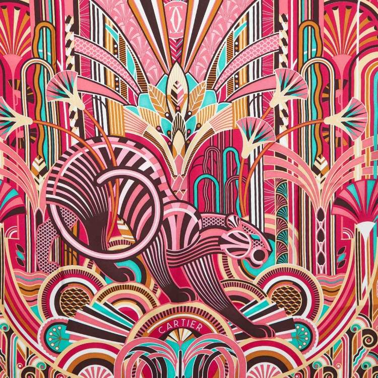 Pre Owned Cartier Pink Panthère Art Déco Print Silk Scarf