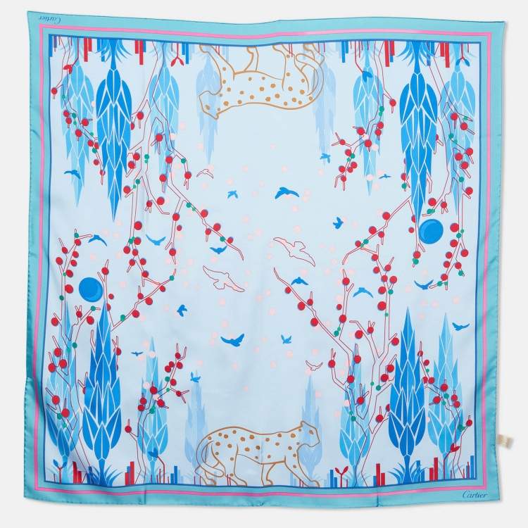Pre Owned Cartier Blue Panther Garden Print Silk Square Scarf