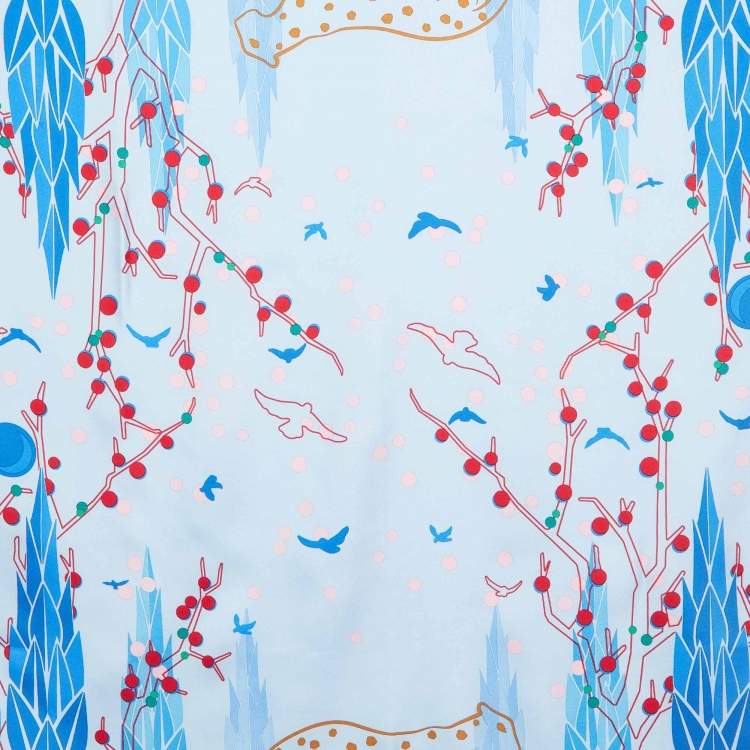 Pre Owned Cartier Blue Panther Garden Print Silk Square Scarf