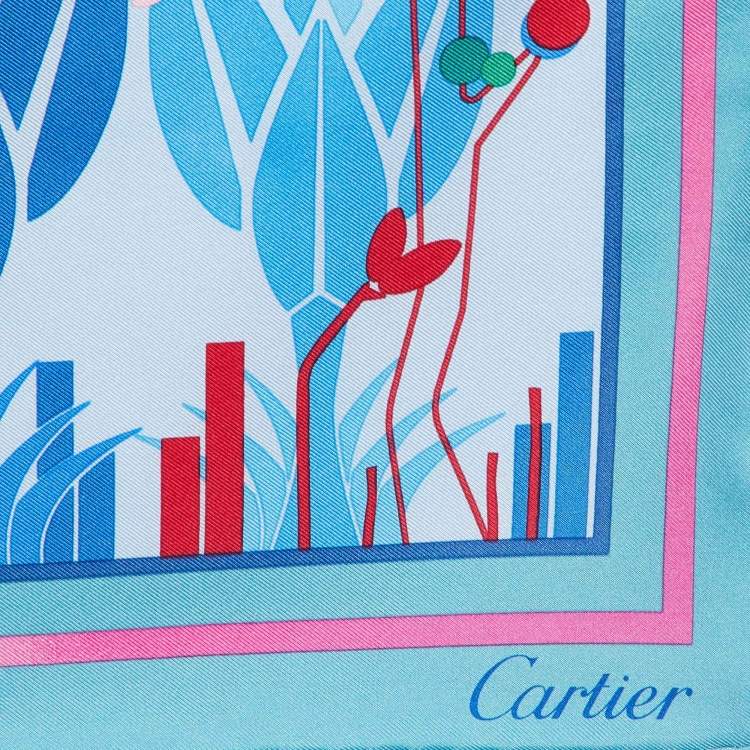 Pre Owned Cartier Blue Panther Garden Print Silk Square Scarf
