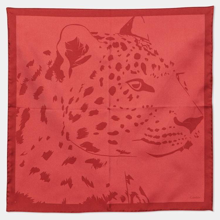 Pre Owned Cartier Red Panther Motif Print Silk Square Scarf