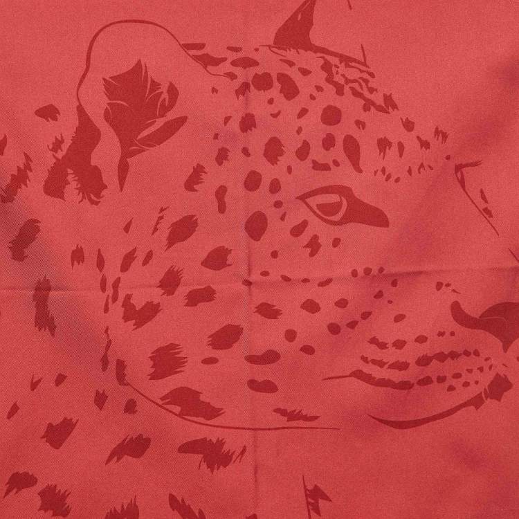Pre Owned Cartier Red Panther Motif Print Silk Square Scarf