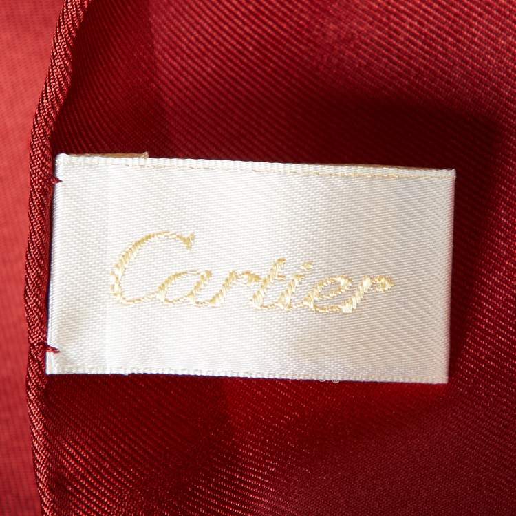 Pre Owned Cartier Red Panther Motif Print Silk Square Scarf