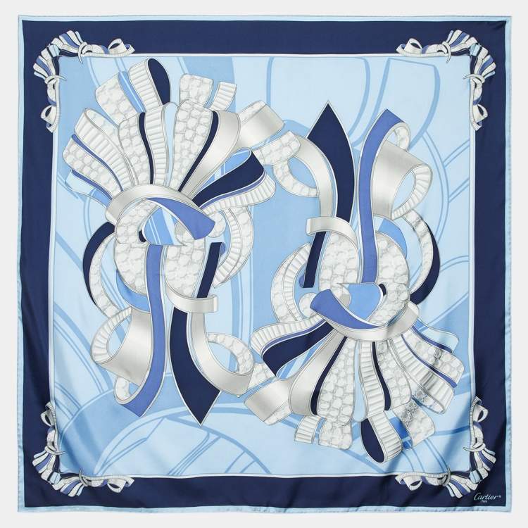 Pre Owned Cartier Blue Printed Silk Square Scarf