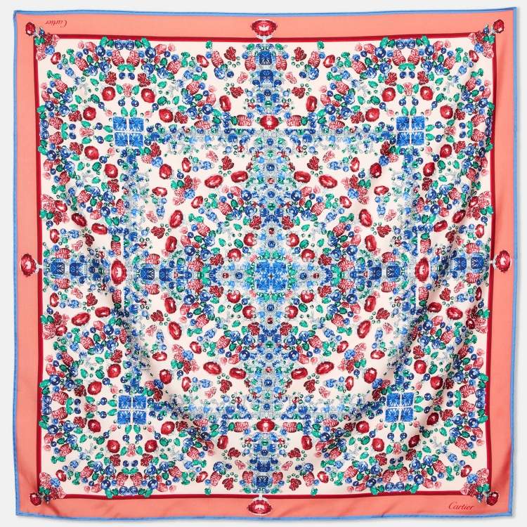 Pre Owned Cartier Pink/Blue Tutti Frutti Print Silk Scarf