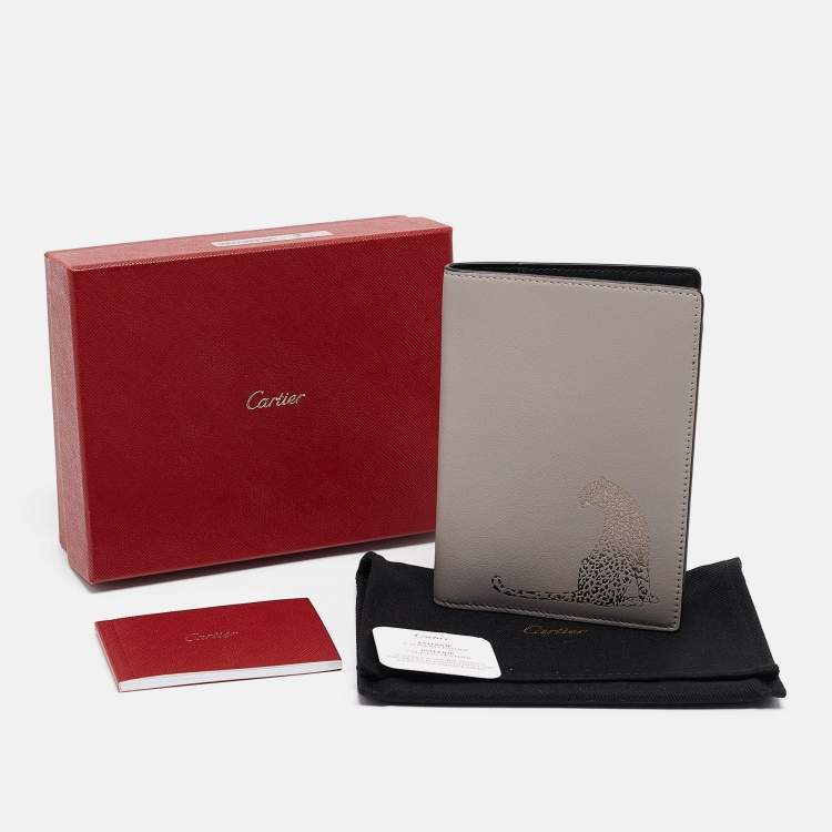 Pre Owned Cartier Grey Leather Panther Print Passport Holder