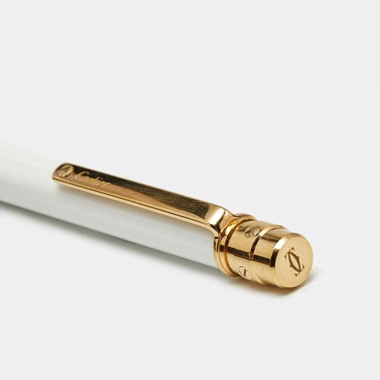 Pre Owned Cartier Santos de Cartier White Lacquer Gold Tone Ballpoint Pen