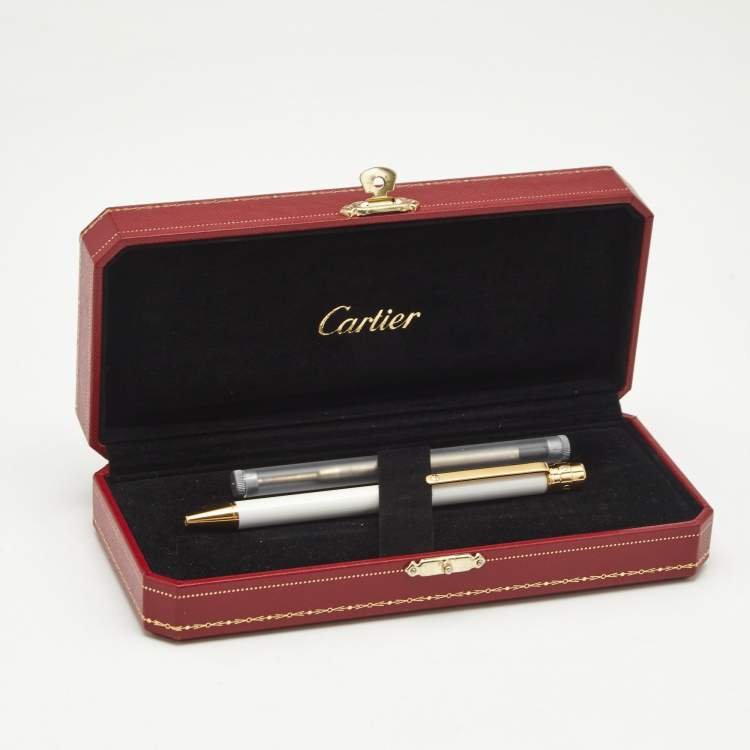 Pre Owned Cartier Santos de Cartier White Lacquer Gold Tone Ballpoint Pen