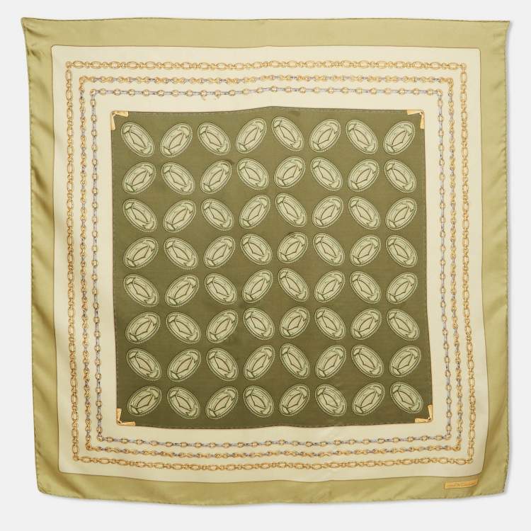 Pre Owned Cartier Green Print Silk Must de Cartier Scarf