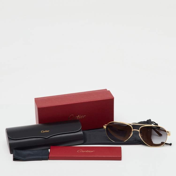 Pre Owned Cartier Gold Tone/Grey Gradient CT0233S Panthère De Cartier Aviator Sunglasses