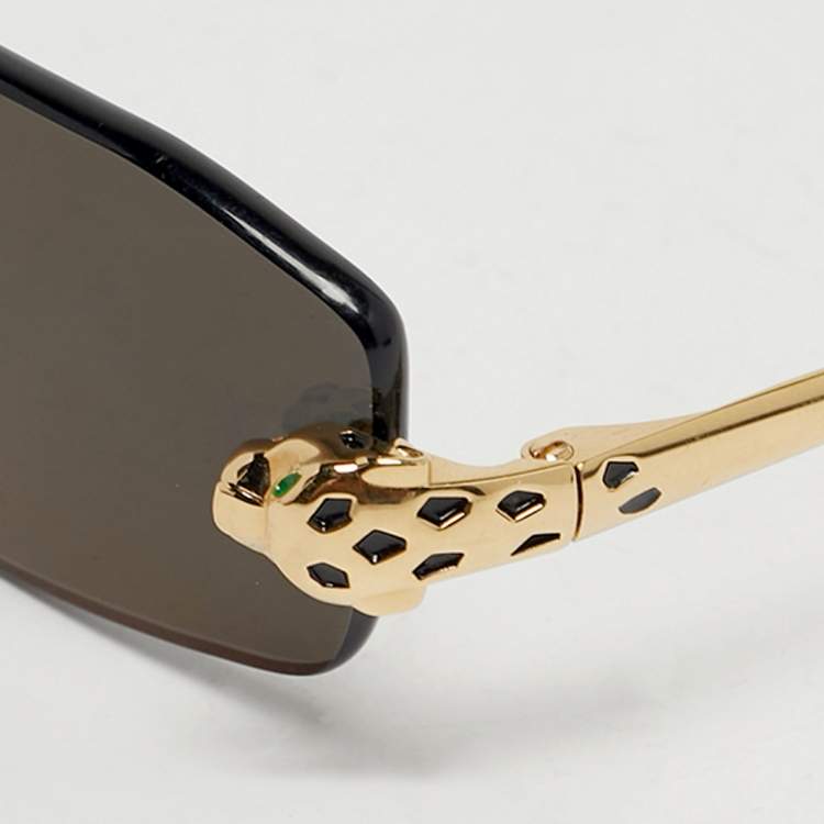 Pre Owned Cartier Black/Gold Tone Panthere De Cartier Rectangle Sunglasses