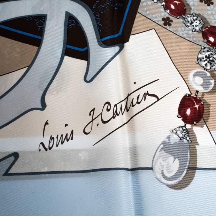 Pre Owned Cartier Pale Blue Printed Silk Square Scarf