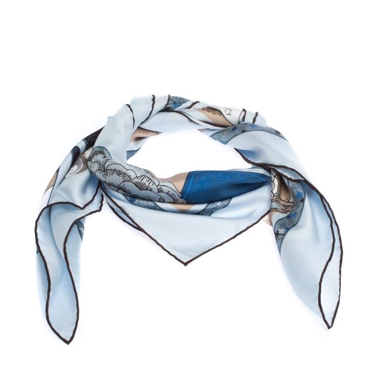 Pre Owned Cartier Pale Blue Printed Silk Square Scarf