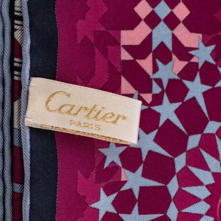 Pre Owned Cartier Pink Geometric Panther Motif Print Silk Square Scarf