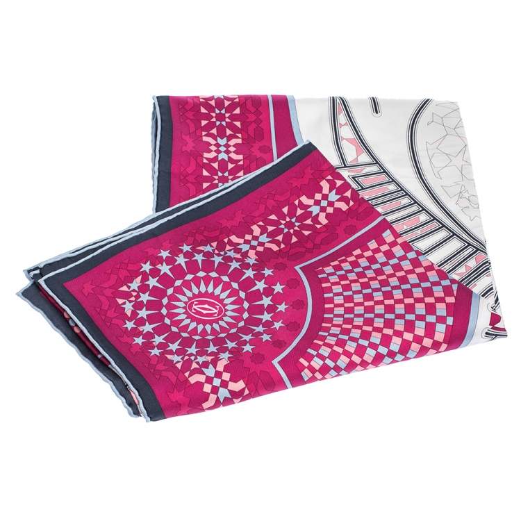 Pre Owned Cartier Pink Geometric Panther Motif Print Silk Square Scarf