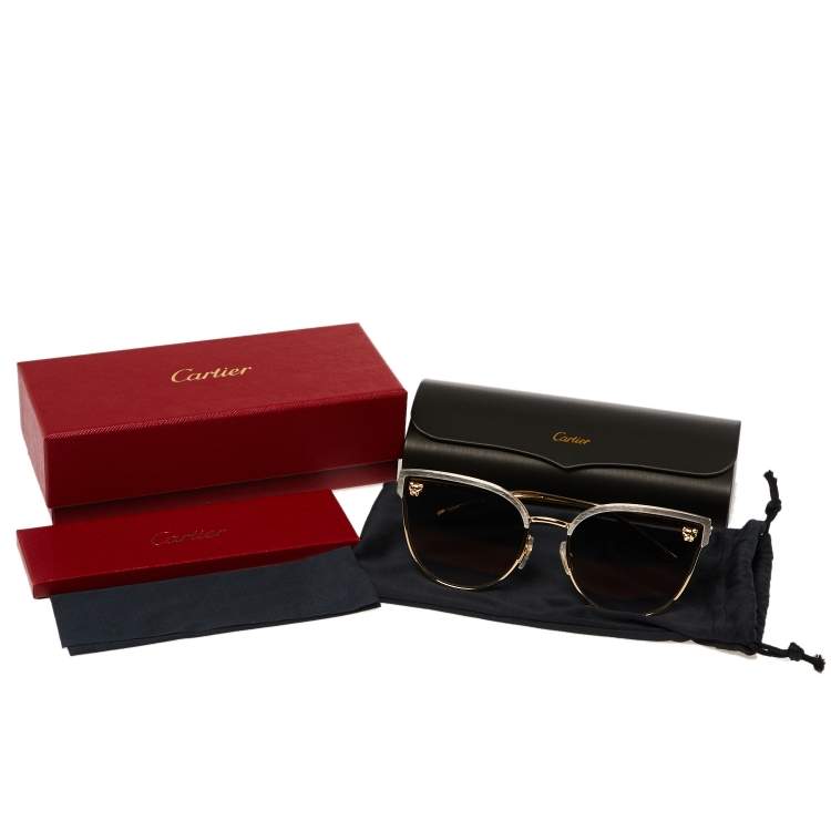 Pre Owned Cartier Brushed Platinum Tone/ Grey Gradient Panthère de Cartier Cat Eye Sunglasses 