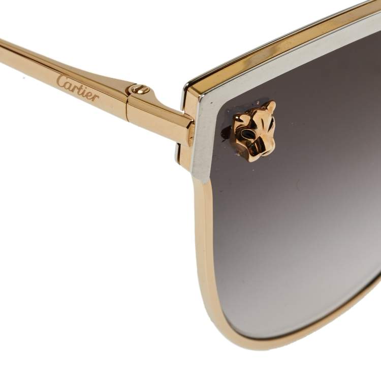 Pre Owned Cartier Brushed Platinum Tone/ Grey Gradient Panthère de Cartier Cat Eye Sunglasses 