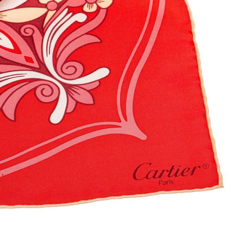 Pre Owned Cartier Red Flora Print Silk Square Scarf