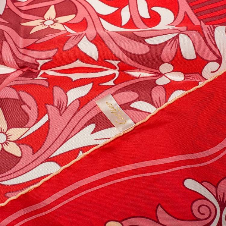 Pre Owned Cartier Red Flora Print Silk Square Scarf